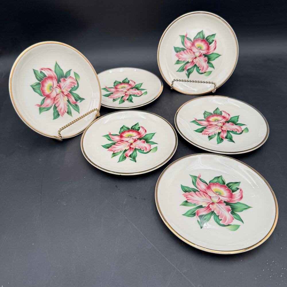 Vtg Plates Bread & Butter (6) Modern Orchid by Paden City Pottery 22K Gold Rim